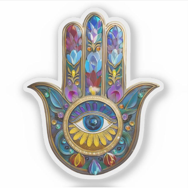 Colorful Petals Leaves Hamsa Sapphire Third Eye (Front)