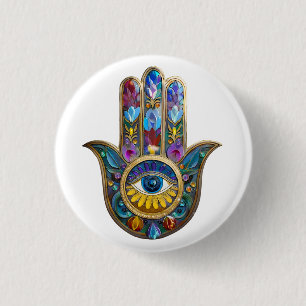 Colorful Petals Leaves Hamsa Sapphire Third Eye 3 Cm Round Badge