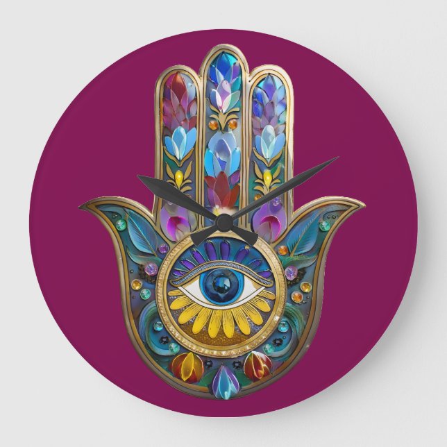 Colorful Petals Leaves Hamsa Sapphire Third Eye Large Clock (Front)