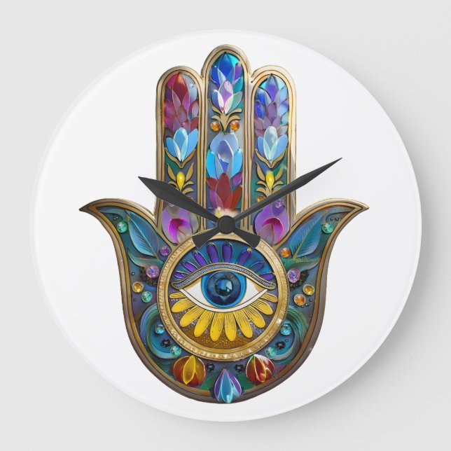 Colorful Petals Leaves Hamsa Sapphire Third Eye Large Clock (Front)