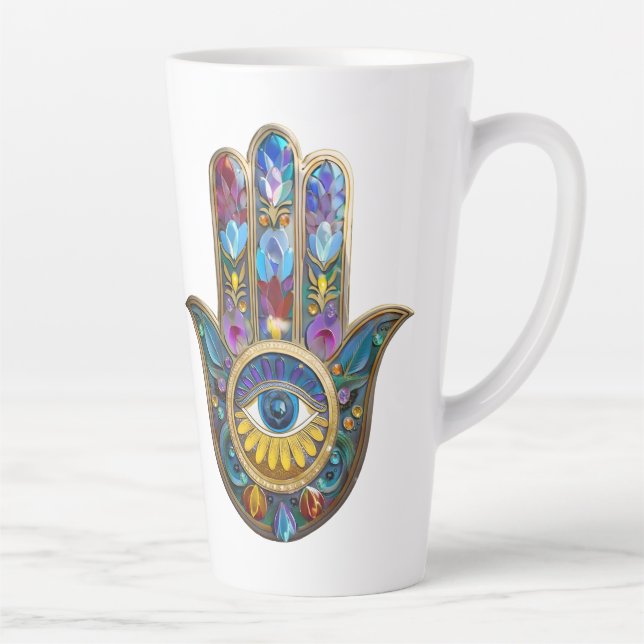 Colorful Petals Leaves Hamsa Sapphire Third Eye Latte Mug (Right)