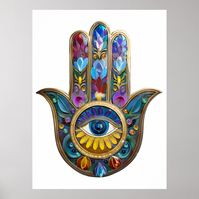 Colorful Petals Leaves Hamsa Sapphire Third Eye Poster (Front)