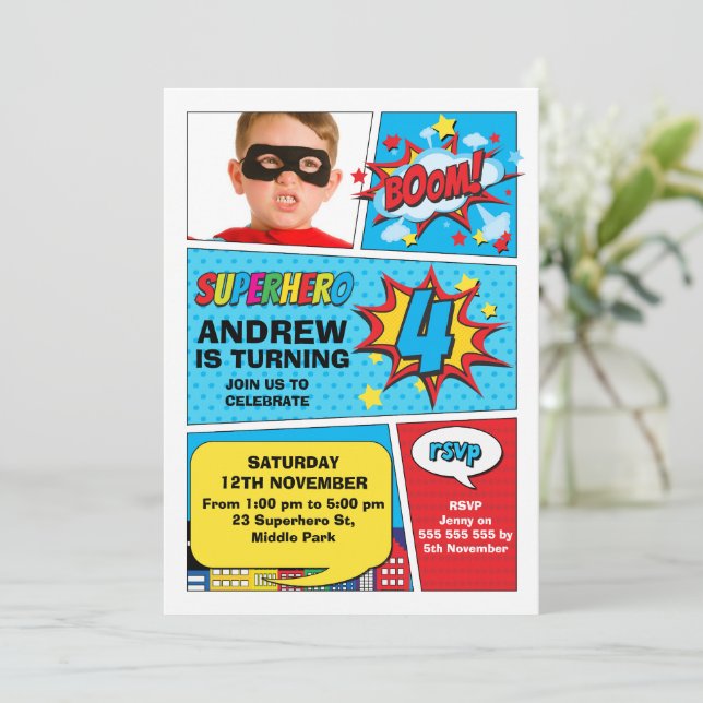Colorful Photo Boom Superhero 4th Birthday Invitation (Standing Front)