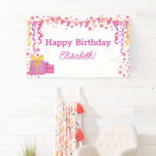 Colorful Pink and Yellow Girl Happy Birthday Kids Banner