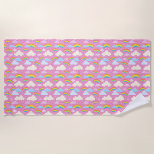 Colorful Pink Clouds and Rainbows Beach Towel