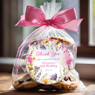 Colorful Pink Floral Birthday Tea Party Thank You Classic Round Sticker