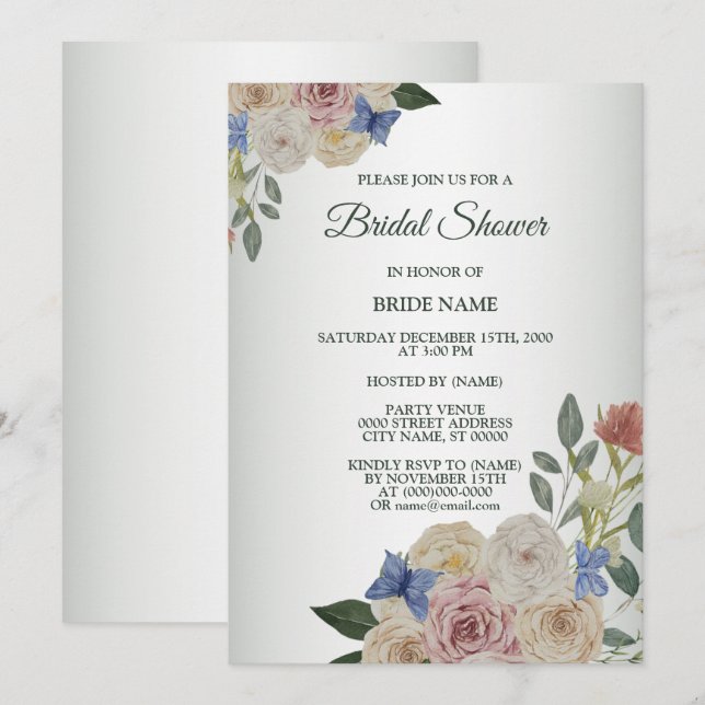 Colorful Pink Floral Blue Butterfly Bridal Shower Invitation (Front/Back)
