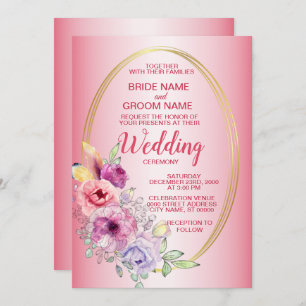 Colorful Pink Floral Gold Geometric Wedding Invitation