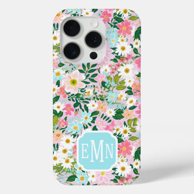 Colorful Pink Flower Garden Monogrammed Case-Mate iPhone Case (Back)