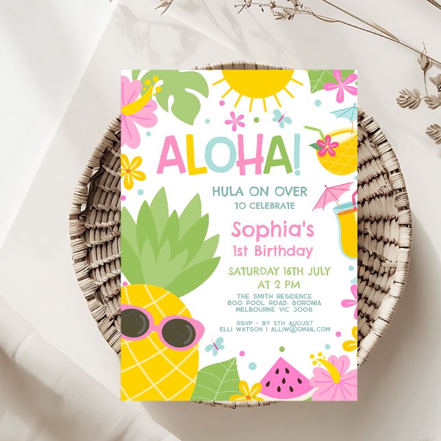 Colorful Pink Green Pineapple Aloha Birthday Invitation (Hawaiian Theme Birthday Party Invitation Template, Editable Aloha Birthday Invitation Girl Colorful)