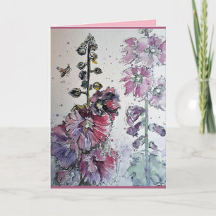 Colorful Pink Hollyhock Watercolor Greetings Card