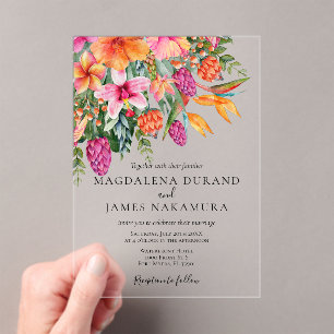 Colorful Pink Orange Tropical Floral Photo Wedding Acrylic Invitations