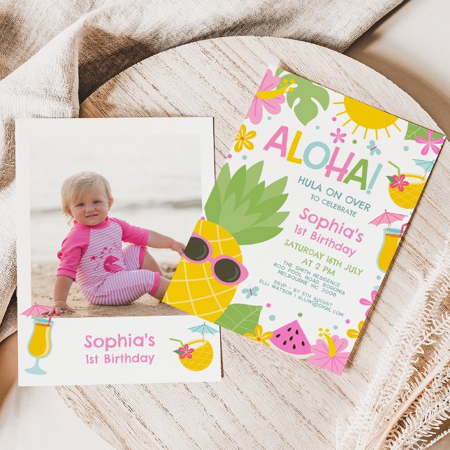 Colorful Pink Photo Pineapple Aloha Birthday Invitation (Editable Aloha Birthday Invitation, Hawaiian Theme Birthday Party Invitation Template, Summer )