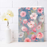 Colorful Pink Spring Flowers on Shades of Blue Card<br><div class="desc">Colorful feminine Pink spring flowers Birthday Card. Warm softly colored digital watercolor painting print of lovely pink floral design on blue background.</div>