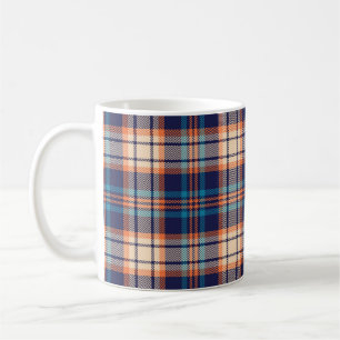 Colorful plaid pattern in blue, orange, beige. Her Coffee Mug