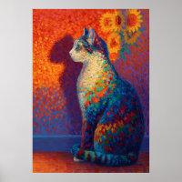 Colorful Pointillism Cat with Sunflowers Art
