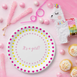 Colorful Polka Dots Baby Girl Gender Reveal Party Paper Plate