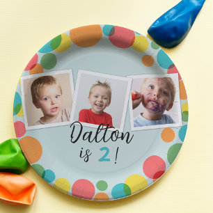 Colorful Polka Dots Boys Photos Birthday Paper Plate
