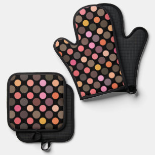 colorful polka dots on black oven mitt & pot holder set