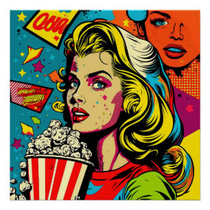 Colorful Pop Art Retro Popcorn Blonde Woman Art Poster