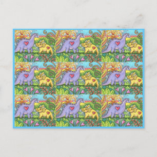 COLORFUL PREHISTORIC DINOSAURS, CUTE DINO FRIENDS HOLIDAY POSTCARD