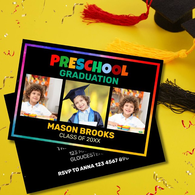   COLORFUL PRESCHOOL GRADUATE PHOTO COLLAGE  INVITATION (Bright preschool Graduation Invitation with a rainbow border and three photo slots. Personalize it)