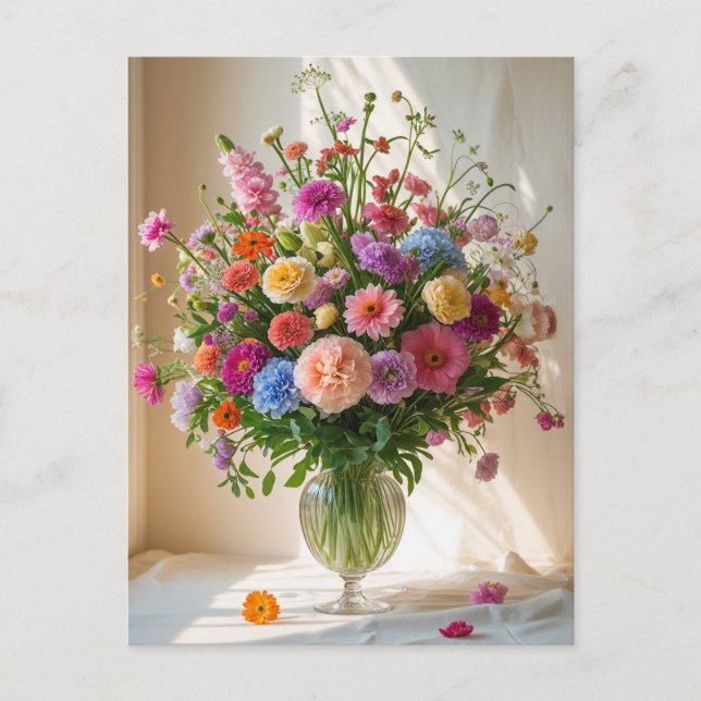 Colorful Pretty Mixed Flower Bouquet Clear Vase    Holiday Postcard (Front)