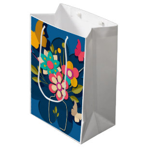 Colorful Pretty Modern Flowers Bouquet on Blue Medium Gift Bag