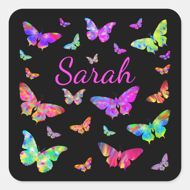 Colorful Psychedelic Butterfly Art Sarah Add Name Square Sticker (Front)