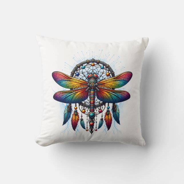 Colorful Psychedelic Dragonfly Dreamcatcher Boho Cushion (Front)
