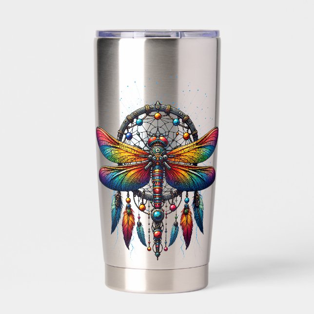 Colorful Psychedelic Dragonfly Dreamcatcher Boho Insulated Tumbler (Front)