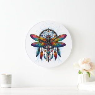 Colorful Psychedelic Dragonfly Dreamcatcher Boho Large Clock