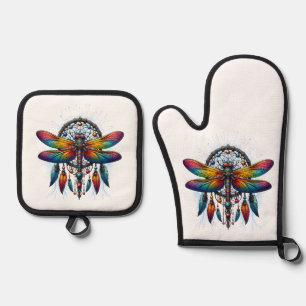 Colorful Psychedelic Dragonfly Dreamcatcher Boho Oven Mitt & Pot Holder Set