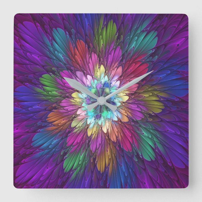 Colorful Psychedelic Flower Abstract Fractal Art Square Wall Clock (Front)