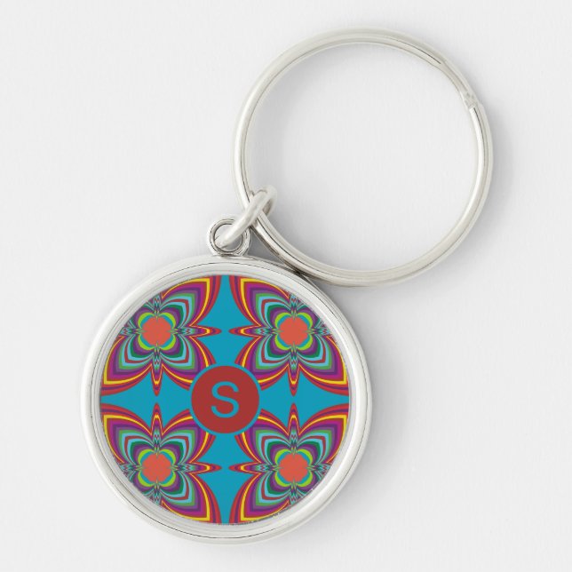 Colorful Psychedelic Geometric Pattern Monogram Key Ring (Front)