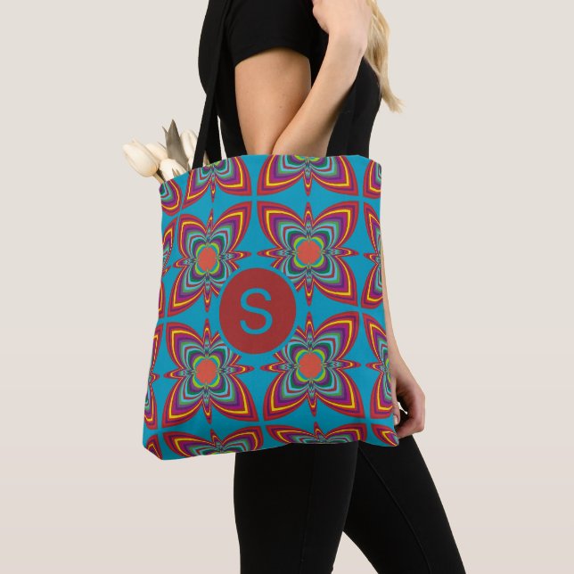 Colorful Psychedelic Geometric Pattern Monogram Tote Bag (Close Up)