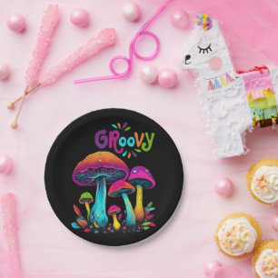 Colorful Psychedelic Mushrooms- Paper Plate