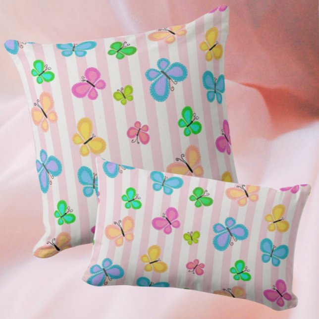 Colorful Quilty Butterflies on Pink White Stripe Cushion (Colorful butterflies!)