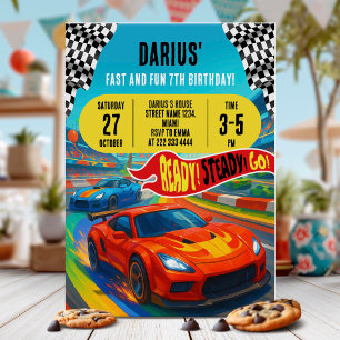 Colorful Race Car Birthday Party Invitation