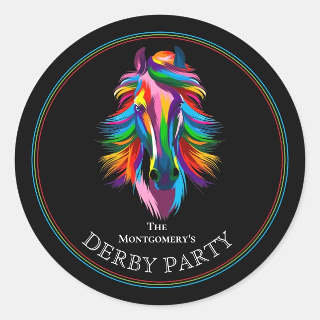 Colorful Racehorse Derby Party Black Classic Round Sticker (Front)