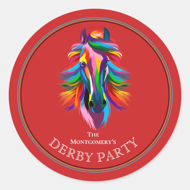 Colorful Racehorse Derby Party Red Classic Round Sticker (Front)