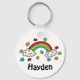Colorful Rainbow and Stars Kids Name Key Ring