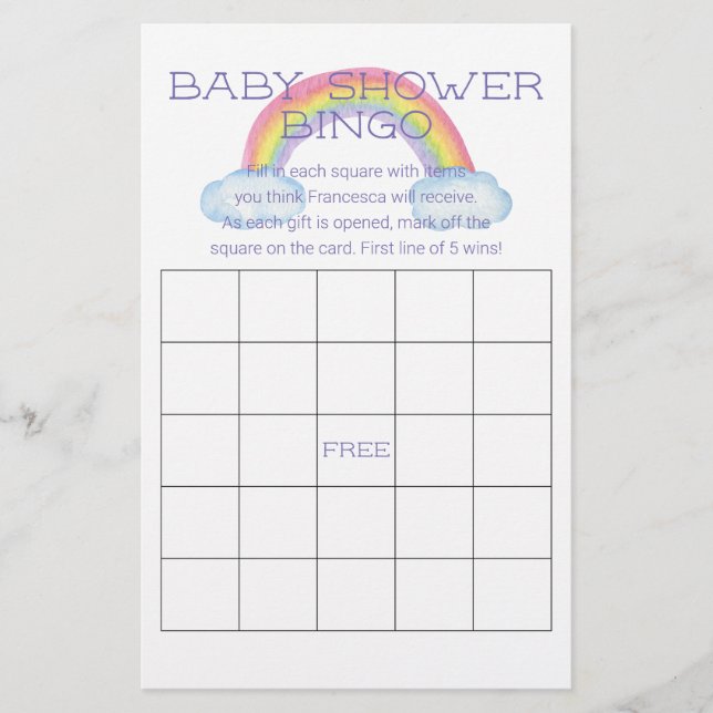 Colorful Rainbow Baby Shower Bingo Game Card (Front)