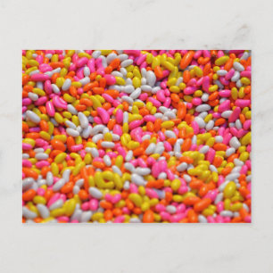 Colorful rainbow candy jelly bean confectionery postcard