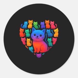 Colorful Rainbow Cats Heart Valentines Day Cat Gra Classic Round Sticker