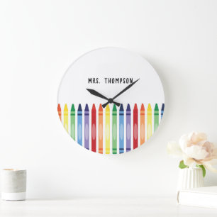 Colorful Rainbow Crayons Pattern Large Clock