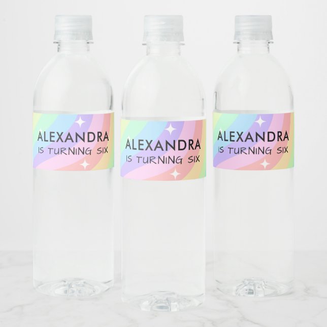 Colorful Rainbow Girl 6th Birthday Water Bottle Label (Bottles)