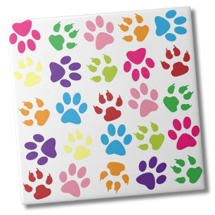 Colorful Rainbow Paw Print Pattern Ceramic Tile