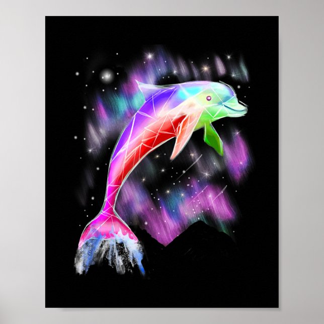 colorful rainbow pink dolphin ocean galaxy space . poster (Front)