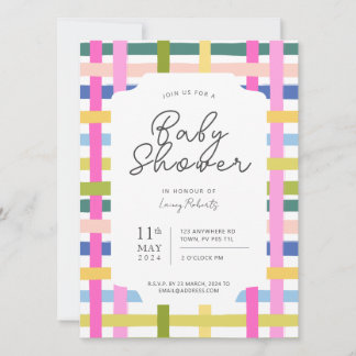 Colorful Rainbow Plaid Checkerboard Baby Shower Invitation